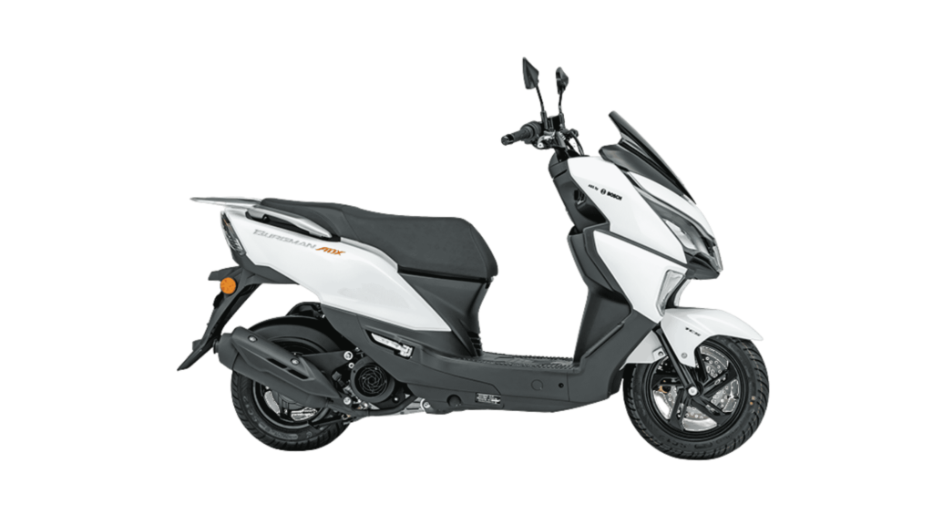 Nova scooter Haojue Burgman ADX 125 na cor branca vista de perfil com fundo branco.