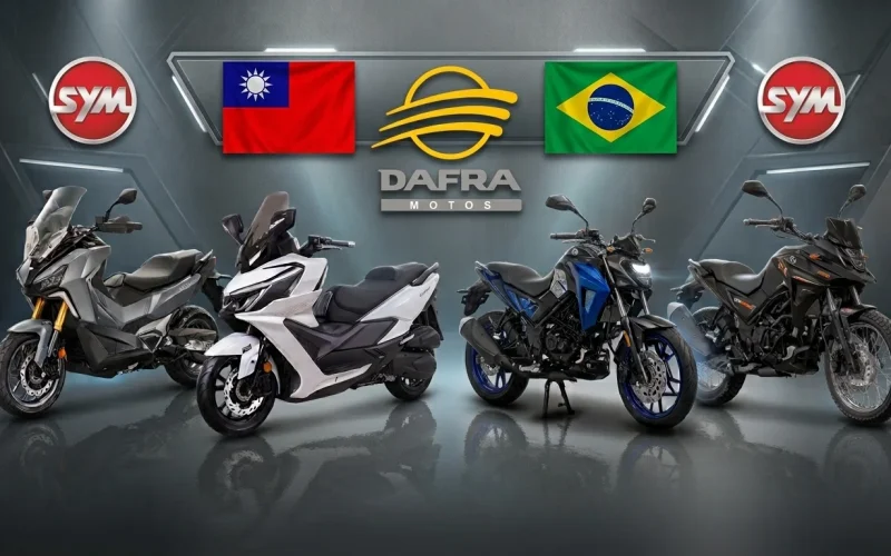 Quatro modelos principais de scooters e motos da SYM/Dafra exibidos em destaque, com as bandeiras de Taiwan e Brasil e os logotipos SYM e Dafra no fundo.